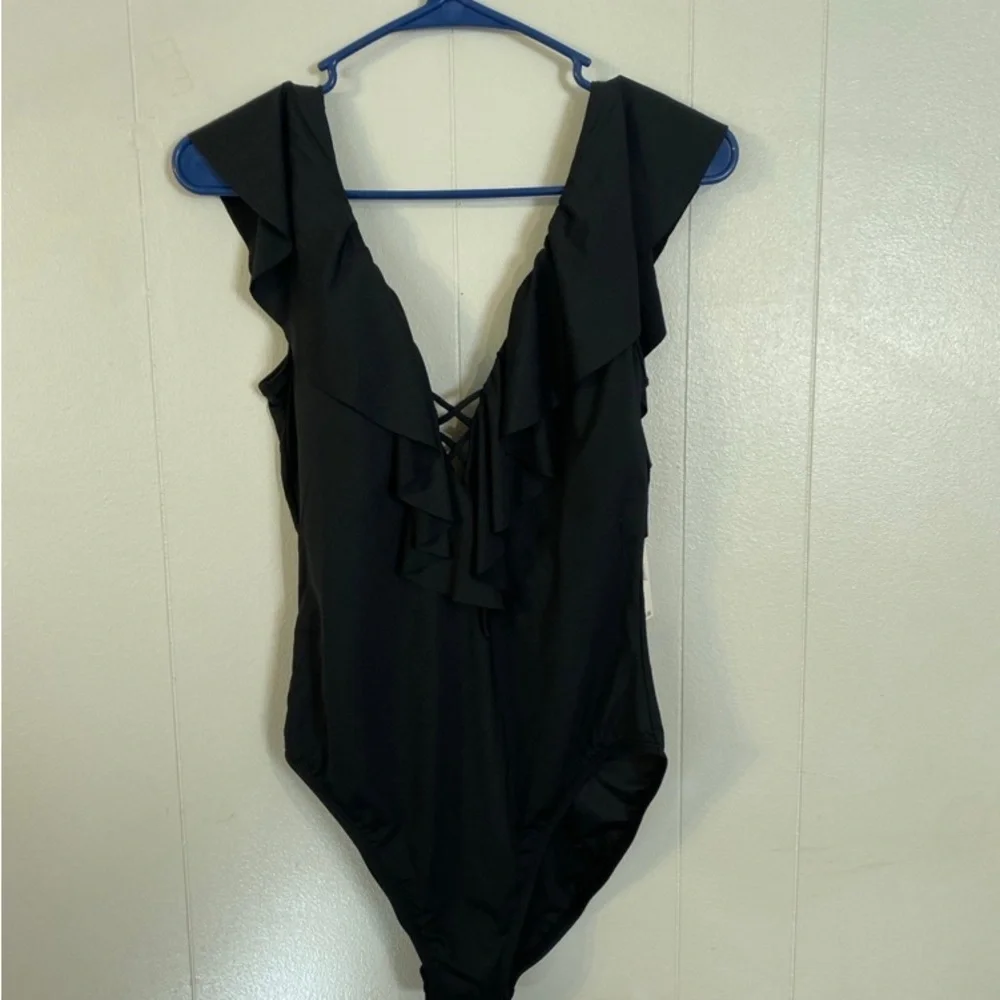 La Blanca Women's Island Goddess Over Shoulder Ruffle Plunge One Piece NWT  10 - Picture 4 of 9